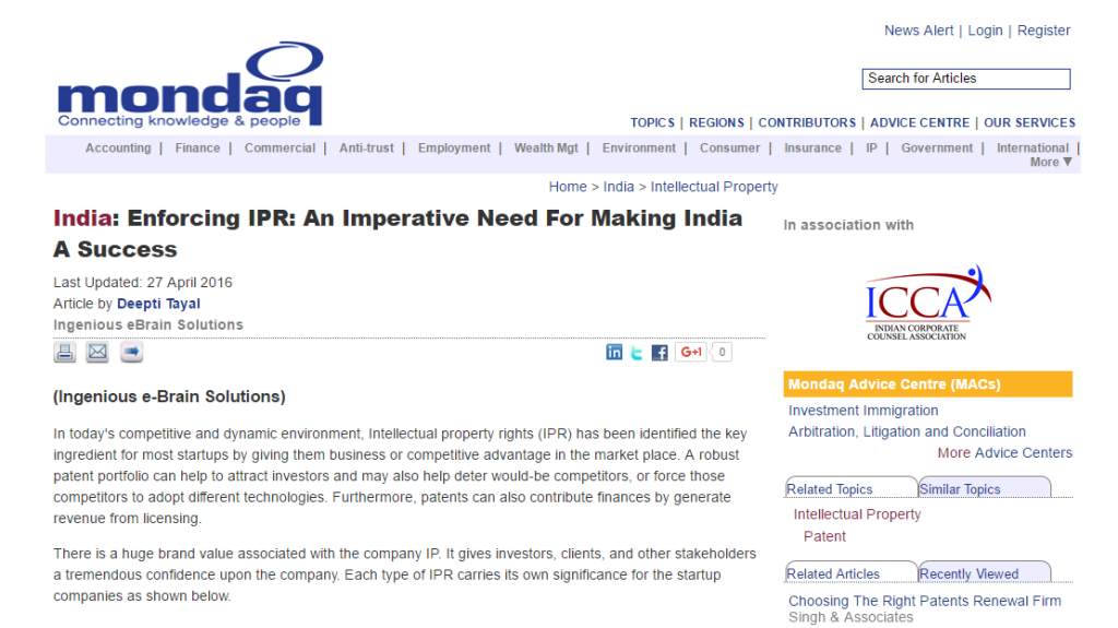 India: Enforcing IPR: An Imperative Need For Making India A Success